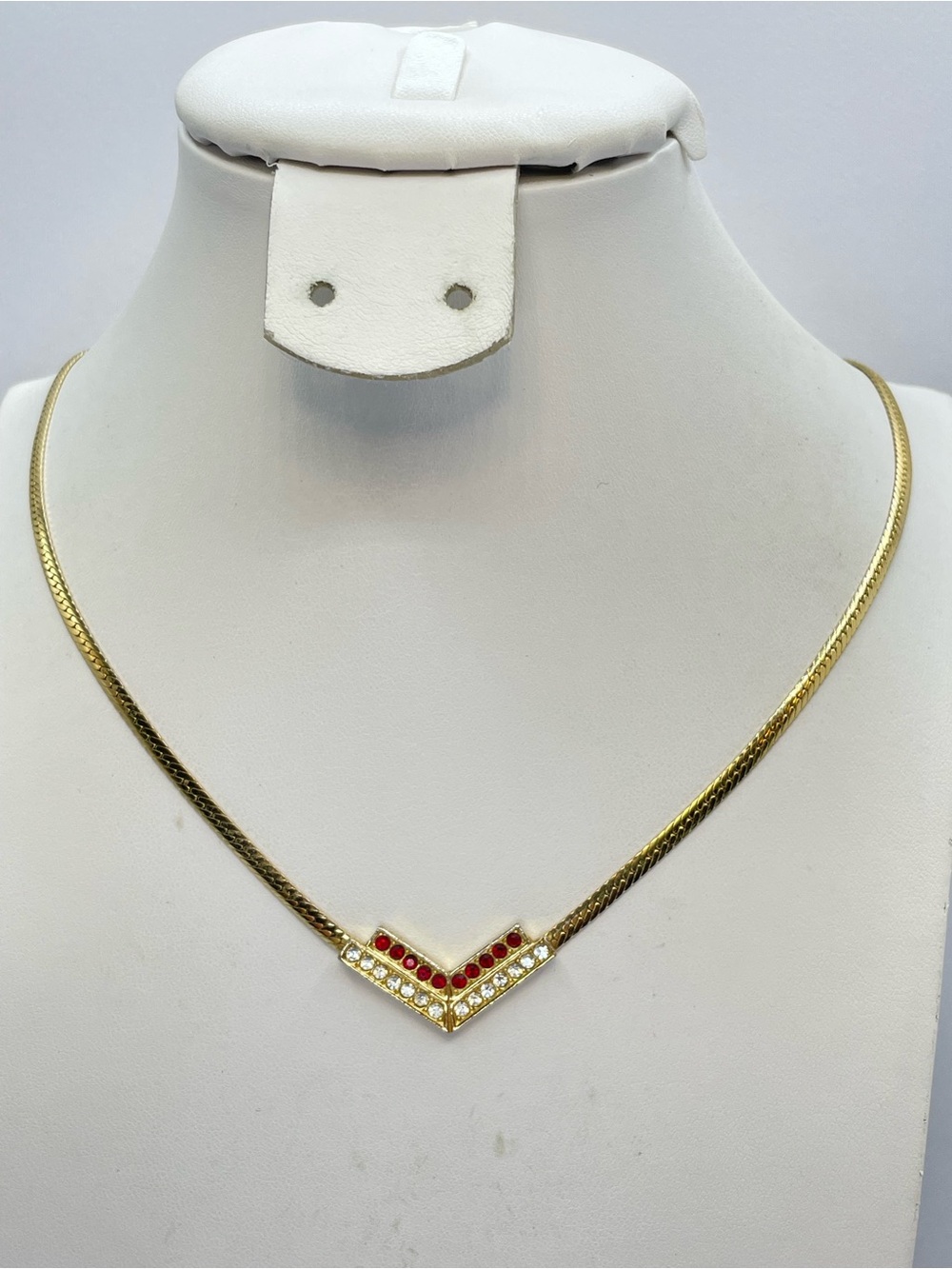 Vintage Gold Tone Flat Snake Chain Red Rhinestone Chevron Necklace